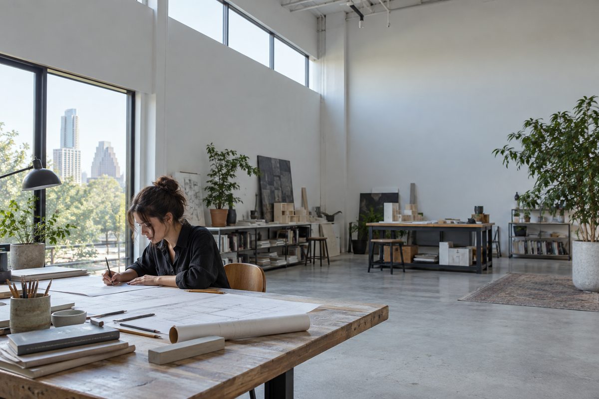 Architectural interior of Felnorias studio workspace on West Riverside Drive in Austin, Texas