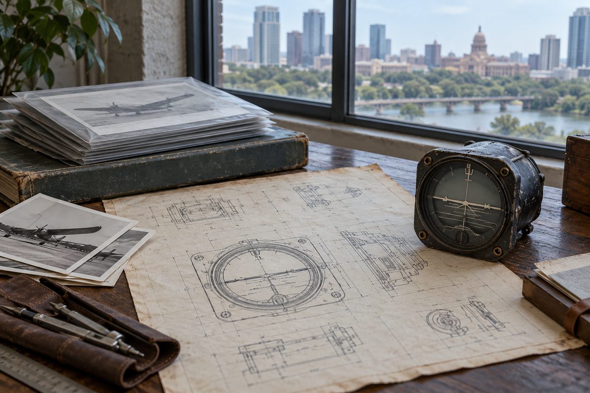 Archival aviation blueprint and technical documentation cards in cool grey sleeve