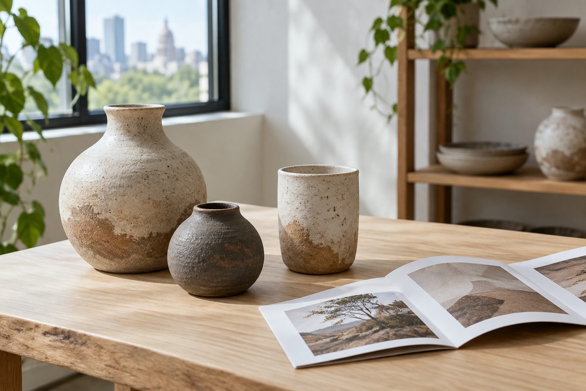 Unglazed ceramic test tiles and folded catalog layout proof on workshop table
