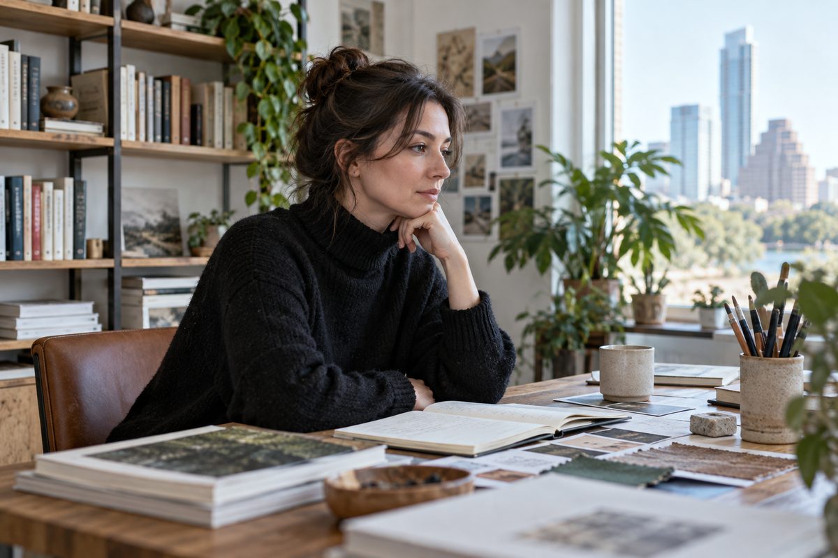Web designer Irina Petrova in the Felnorias studio workspace in Austin, Texas